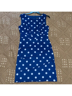 Connected Apparel Polka Dot Sheath Dress Size 8 Blue White Scoop Neck Zip Knee
